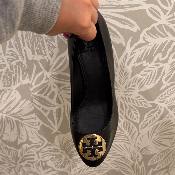 Tory Burch Black Wedges with Gold Logo - Picture 2 of 5